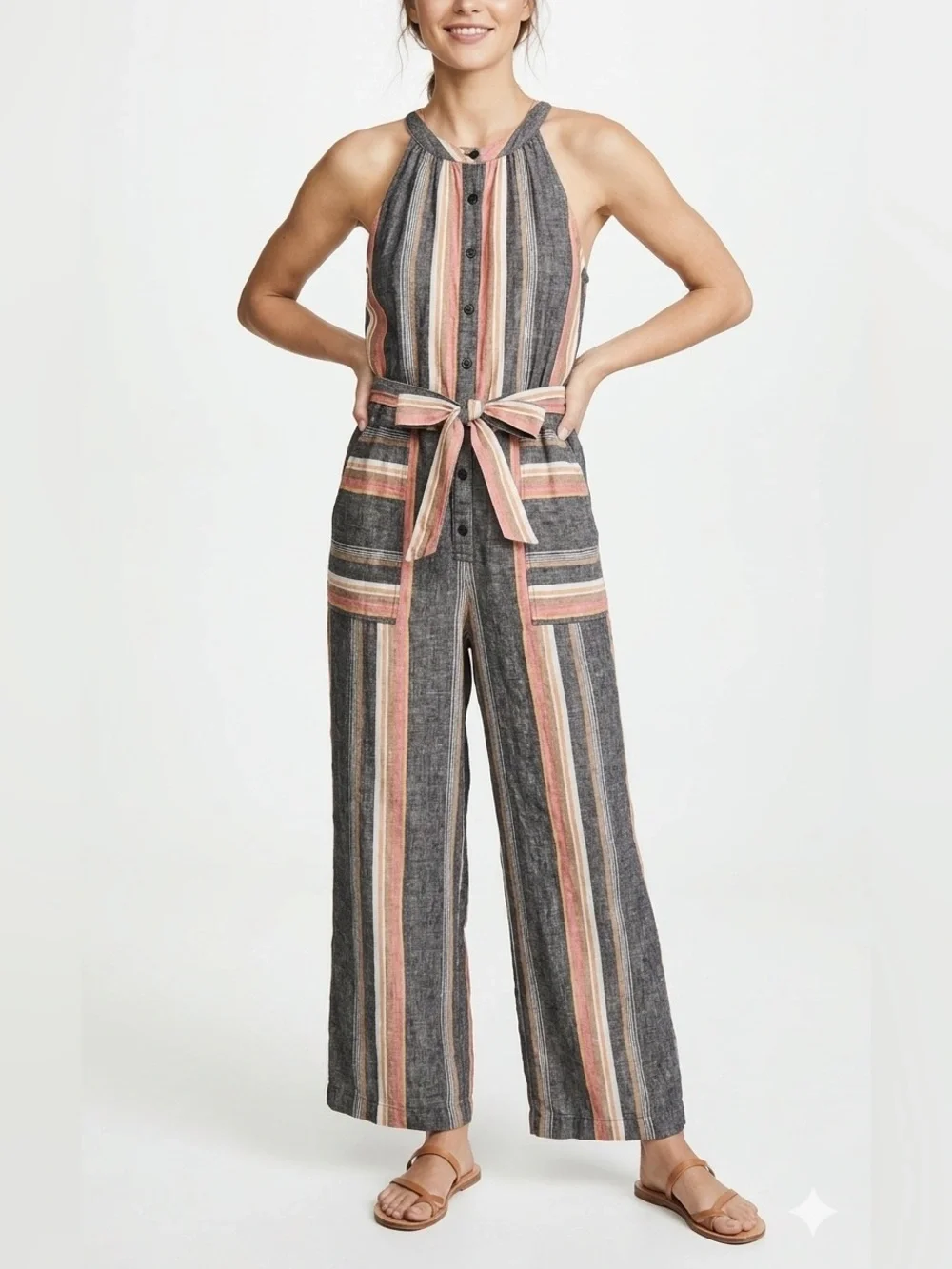 Joie Striped Halter Wide-Leg Jumpsuit 100% Linen